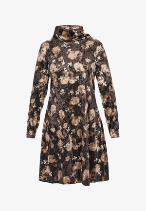 Vestido de manga larga en un suave tejido marrón oscuro con un patrón floral en beige y blanco. Cuenta con un alto cuello y una silueta en línea A.