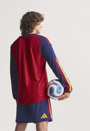 Red and blue football jersey with striped sleeves, featuring a texture and pattern. Dark shorts with yellow Adidas logo. Player holds a multicolored ball.