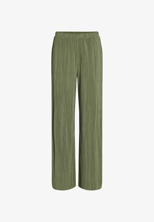 Pantalons larges en tissu olive texturé avec des plis verticaux et une ceinture élastique pour le confort.
