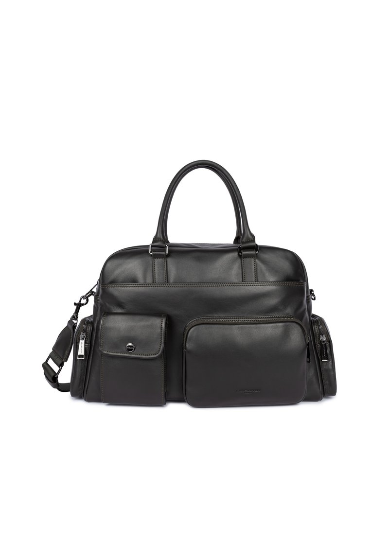 Borsa per laptop in pelle nera con manici doppi, tracolla staccabile, due tasche frontali e scomparti con zip. Texture liscia e design strutturato.