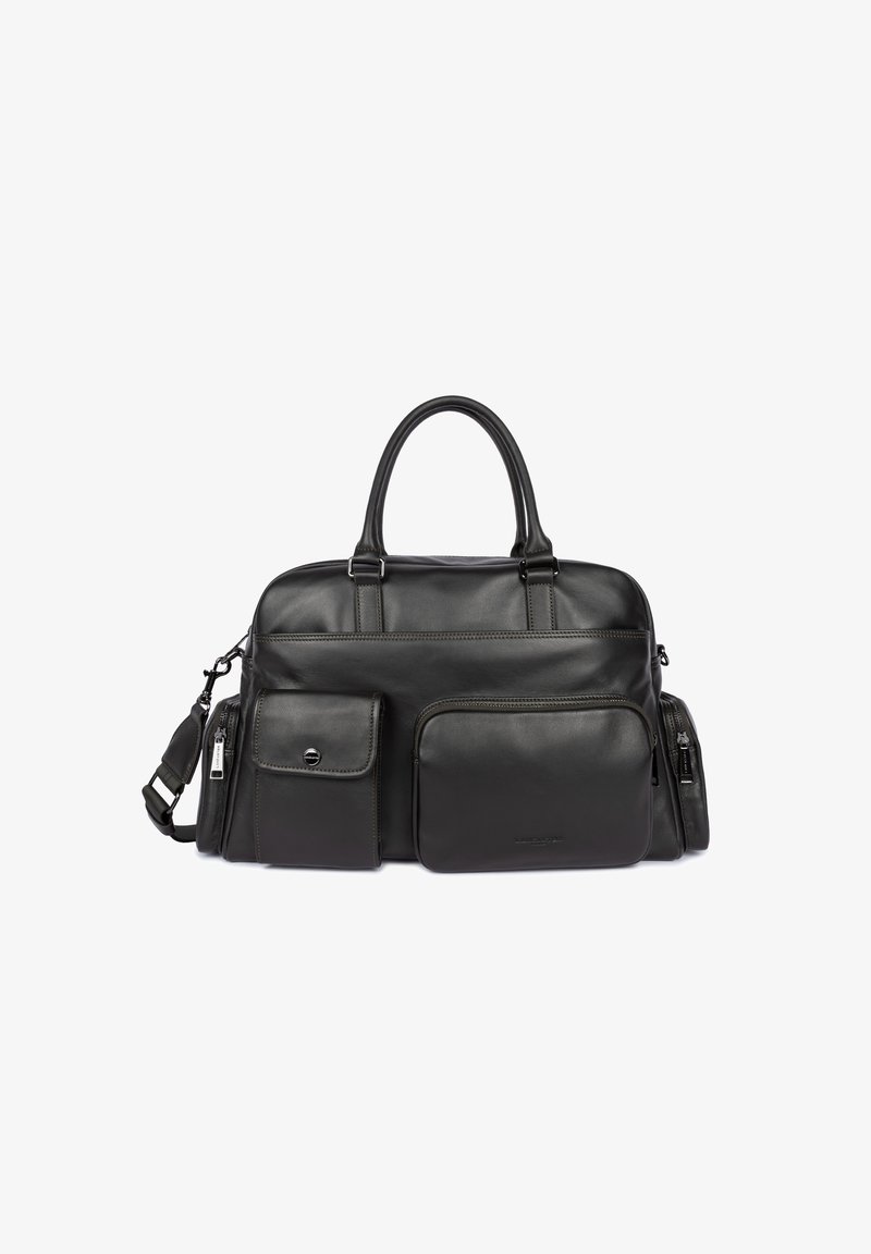 Borsa per laptop in pelle nera con manici doppi, tracolla staccabile, due tasche frontali e scomparti con zip. Texture liscia e design strutturato.