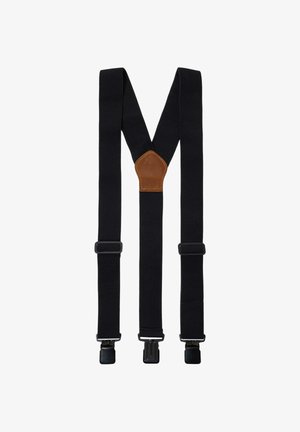 Zwarte elastische bretels met bruine leren Y-rugpatch en drie verstelbare metalen clips voor bevestiging.