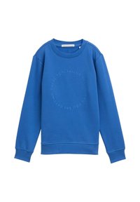 Felpa blu realizzata in cotone biologico, con colletto rotondo, maniche lunghe e dettaglio di testo in rilievo in un motivo circolare.