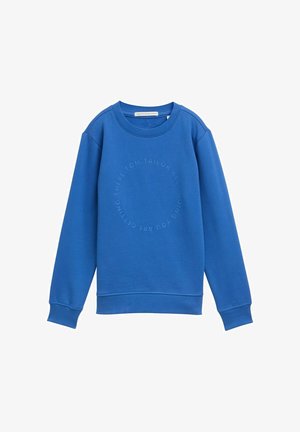 Blauwe sweatshirt gemaakt van biologisch katoen, met een ronde halslijn, lange mouwen en een reliëftekstdetail in een circulair patroon.