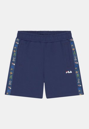Marineblaue Sportshorts mit elastischem Taillenbund, seitlich verziert mit bunten Cartoon-Charakteren und seitlichen Taschen.