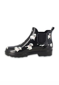 Black rubber Chelsea rain boot featuring a glossy finish and printed white pugs in various poses, with elastic side panels and textured sole.