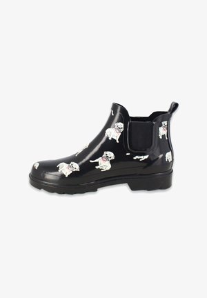 Botte de pluie Chelsea en caoutchouc noir, avec une finition brillante et des pugs blancs imprimés dans diverses positions, des panneaux latéraux élastiques et une semelle texturée.