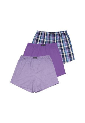 Drei Paar Herren-Shorts mit elastischem Bund in violetten Farbtönen: einfarbig violett, violett kariert und kleine violette karierte Muster.