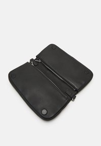 Black leather clutch bag with a smooth texture and rounded corners, featuring two zippered compartments and circular snaps.