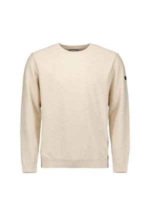 Licht beige trui gemaakt van gestructureerde stof, met een ronde hals en geribbelde manchetten. Inclusief een klein logopatch op de mouw.