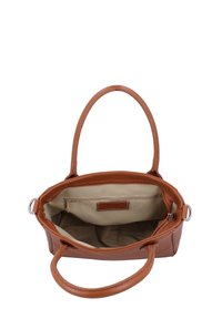 Braune Lederhandtasche mit zwei Griffen, rechteckiger Form, gefüttertem Innenraum, Reißverschlusstasche und glatter Oberfläche.