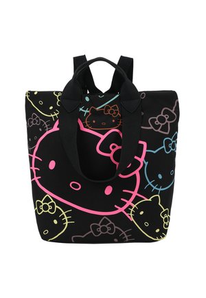 Schwarze Tragetasche aus Segeltuch mit mehreren bunten Hello Kitty-Designs in Pink, Gelb, Blau und Grün. Verfügt über robuste schwarze Griffe.