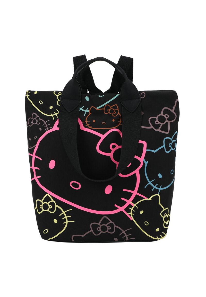 Borsa tote in tela nera con molteplici motivi colorati di Hello Kitty in rosa, giallo, blu e verde. Presenta manici neri robusti.