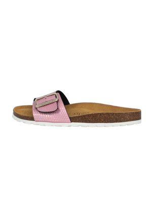 Rosa strukturiertes Slide-Sandal mit einem kontrastierenden schwarzen Riemen und einer silbernen Schnalle. Verfügt über ein Korkfußbett und eine weiße Gummisohle.