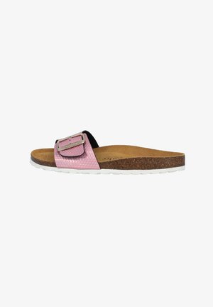 Pink textured slide sandal with a contrasting black strap and silver buckle. Features a cork footbed and white rubber sole.