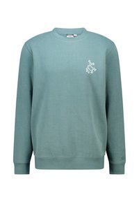 Green crewneck sweatshirt with long sleeves and a small white dancing figure graphic on the left chest.