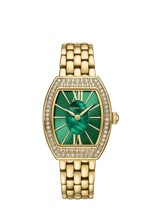 Montre-bracelet en or avec cadran vert effet rayon de soleil, chiffres romains, lunette sertie de cristaux et bracelet à maillons, affichant 10h10.