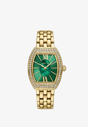 Montre-bracelet en or avec cadran vert effet rayon de soleil, chiffres romains, lunette sertie de cristaux et bracelet à maillons, affichant 10h10.