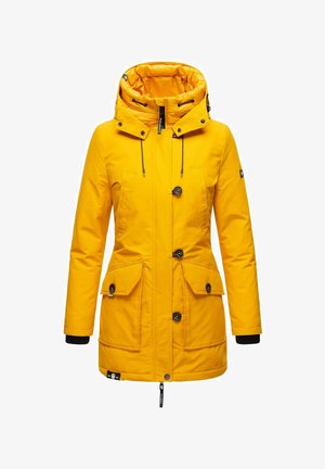 Yellow insulated parka jacket with a hood, featuring button closures, two front flap pockets, and elastic cuffs for improved fit.
