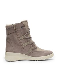 Taupe winter boot with side zipper, lace-up front, padded tongue, and textured rubber sole for grip and comfort.