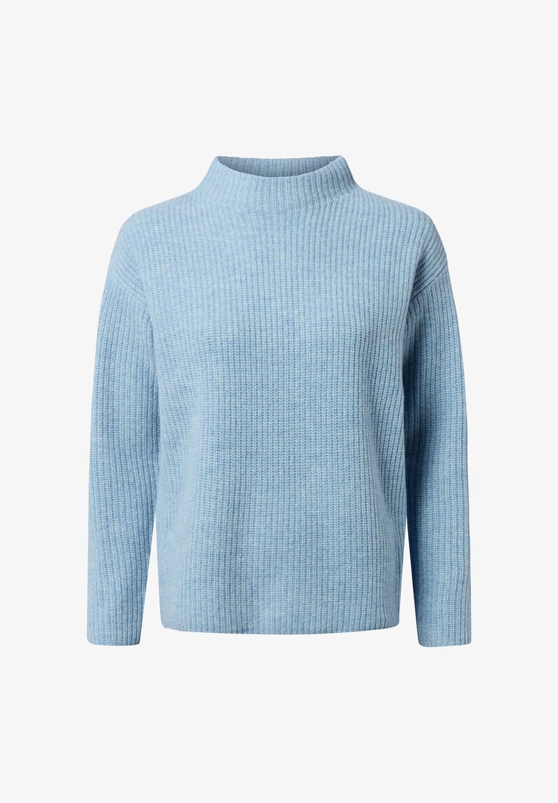 Jasnoniebieski sweter prążkowany z wysokim kołnierzem, wydłużonymi rękawami i luźnym krojem. Wykonany z miękkiego, teksturowanego materiału.