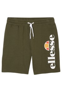 Shorts de survêtement vert olive avec un cordon de serrage blanc. Présentent un grand logo "ellesse" blanc et un logo accent multicolore sur le côté gauche.