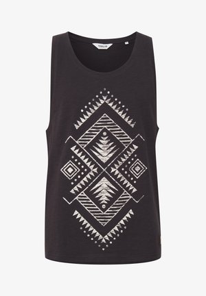 Juodas tankinis su balta tribaline geometrine spauda, apimančiu deimantus, linijas ir taškus. Pagamintas iš lengvos medžiagos, su apvaliu kaklu ir be rankovių.