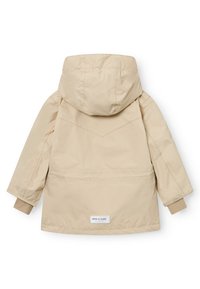 Veste isolante beige avec capuche, à coupe droite, manches longues, poignets élastiques et étiquette cousue dans le bas du dos.