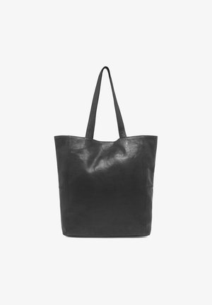 Sort læder tote taske med to robuste håndtag, der har en glat tekstur og minimalistisk design, ideel til daglig brug.