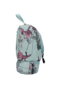 Pochette in tessuto verde menta chiaro con motivo floreale. Dotata di chiusura a zip, piccolo manico ad anello e una tasca con zip aggiuntiva alla base.