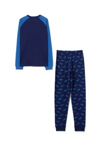 Navy and blue pajama set features a long-sleeve shirt with blue raglan sleeves and pants with a patterned Marvel logo print.