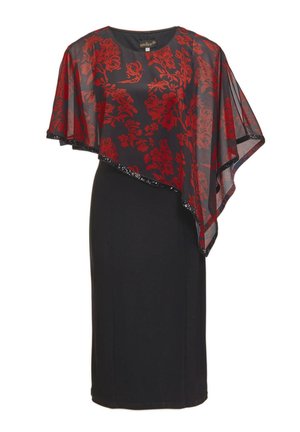 Robe noire avec une superposition transparente ornée de motifs floraux rouges et d'une bordure en perles le long des bords. Le design drapé améliore le mouvement.