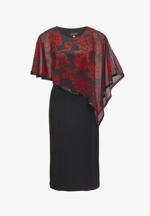 Robe noire avec une superposition transparente ornée de motifs floraux rouges et d'une bordure en perles le long des bords. Le design drapé améliore le mouvement.