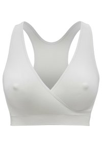 Weißer Sport-BH mit V-Ausschnitt und breitem Racerback-Design. Glattes Material mit nahtloser Verarbeitung, das dezente Konturdetails aufweist.