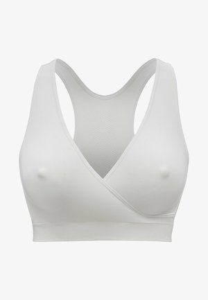 Weißer Sport-BH mit V-Ausschnitt und breitem Racerback-Design. Glattes Material mit nahtloser Verarbeitung, das dezente Konturdetails aufweist.