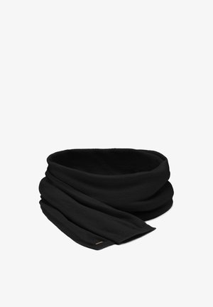 Fekete nyakkendő, puha, textúrált anyagból, folyamatos hurok kialakítással, finom redőkkel és egy kis fémes díszítéssel.