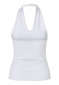 Haut blanc sans manches à col halter avec un profond décolleté en V et une taille ajustée, conçu pour une tenue décontractée féminine.