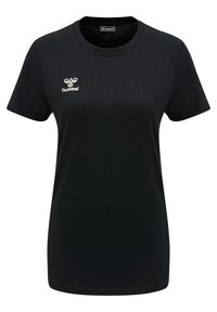 Sort kvindelig t-shirt med korte ærmer og rund hals, hvid hummel-logo og bi-emblem på venstre bryst.