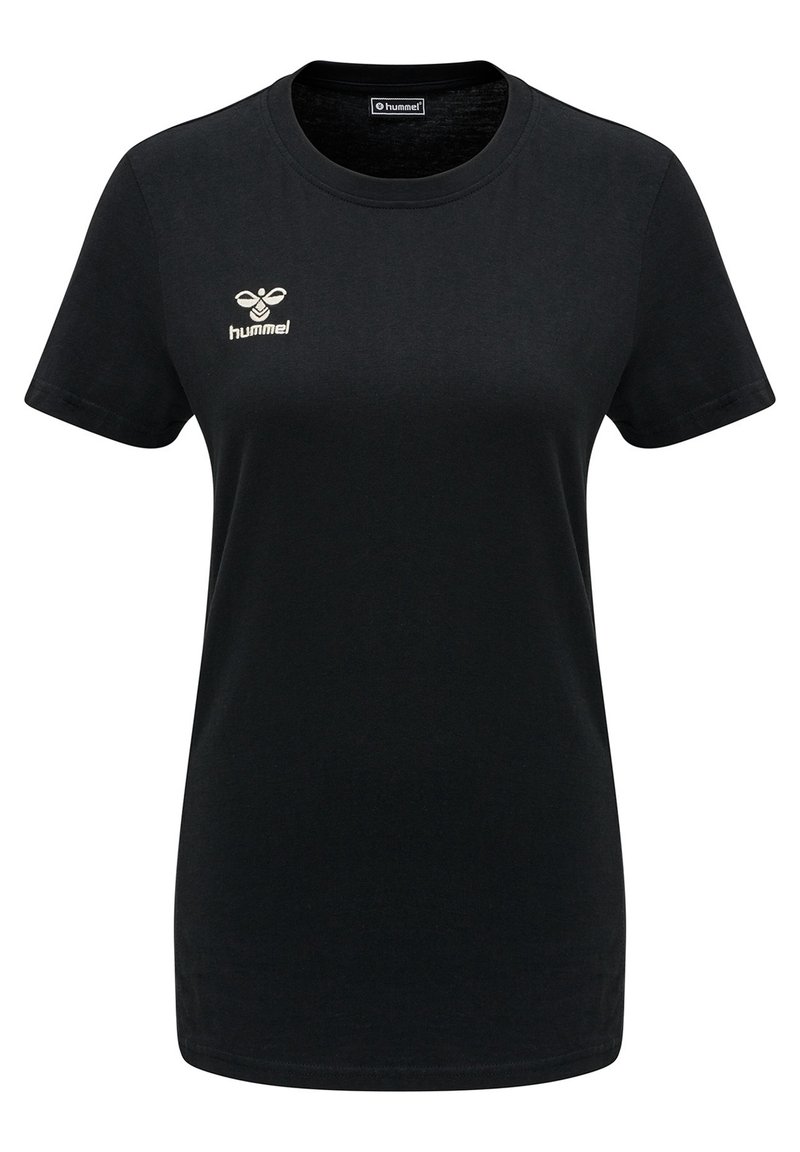 Sort kvindelig t-shirt med korte ærmer og rund hals, hvid hummel-logo og bi-emblem på venstre bryst.