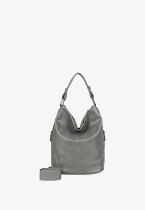 Sac en cuir gris avec une forme décontractée, une ouverture supérieure arrondie et une bandoulière amovible. Présente une texture lisse et un détail logo subtil.