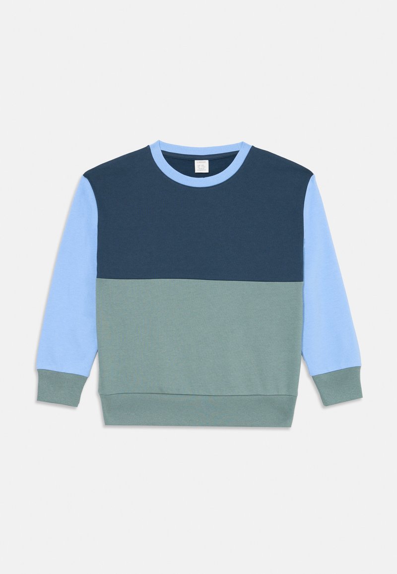 Herren Crewneck Sweatshirt mit einem Farbblockdesign in Marineblau, Hellblau und Grün. Hergestellt aus einem weichen Baumwollmix mit gerippten Bündchen und Saum.