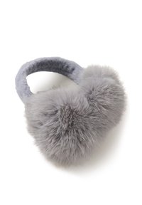 Paraorecchie in pelliccia sintetica grigia con una texture morbida e pompon rotondi e soffici. Fascia regolabile in peluche per comfort e calore.