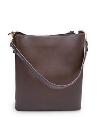 Borsa a spalla in pelle marrone con una texture liscia, forma rettangolare, una lunga tracolla e un design minimalista. Accenti in metallo dorato.