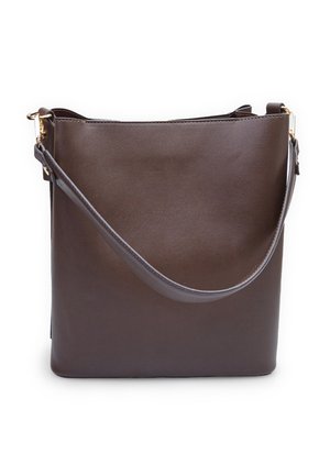 Brown leather shoulder bag with a smooth texture, rectangular shape, a long strap, and minimalistic design. Gold hardware accent.