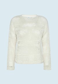 Pull beige clair à manches longues, motif en tricot texturé avec des mailles ajourées, encolure ronde et coupe légèrement ample.