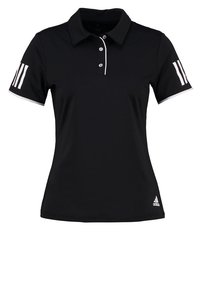 Polo noir à manches courtes avec bordure blanche, trois boutons sur le devant, logo Adidas en bas à gauche et trois bandes blanches sur chaque manche.