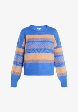 Pulover cu dungi albastre și portocalii, cu mâneci lungi, guler rotund și modele texturate. Materialul pare a fi tricotat moale, cu benzi de culori contrastante.