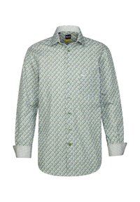 Camicia a maniche lunghe con un motivo floreale verde, blu e bianco; con colletto e chiusura a bottone e polsini a scacchi. Tessuto in misto cotone.