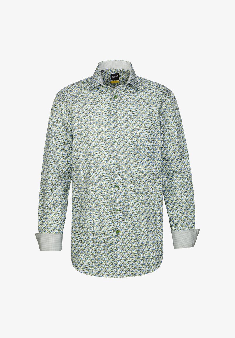 Camicia a maniche lunghe con un motivo floreale verde, blu e bianco; con colletto e chiusura a bottone e polsini a scacchi. Tessuto in misto cotone.