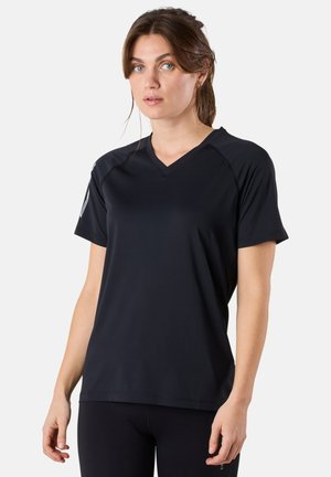 Black athletic t-shirt with a V-neck and short sleeves. Made of moisture-wicking fabric, featuring a subtle texture and flat seams.